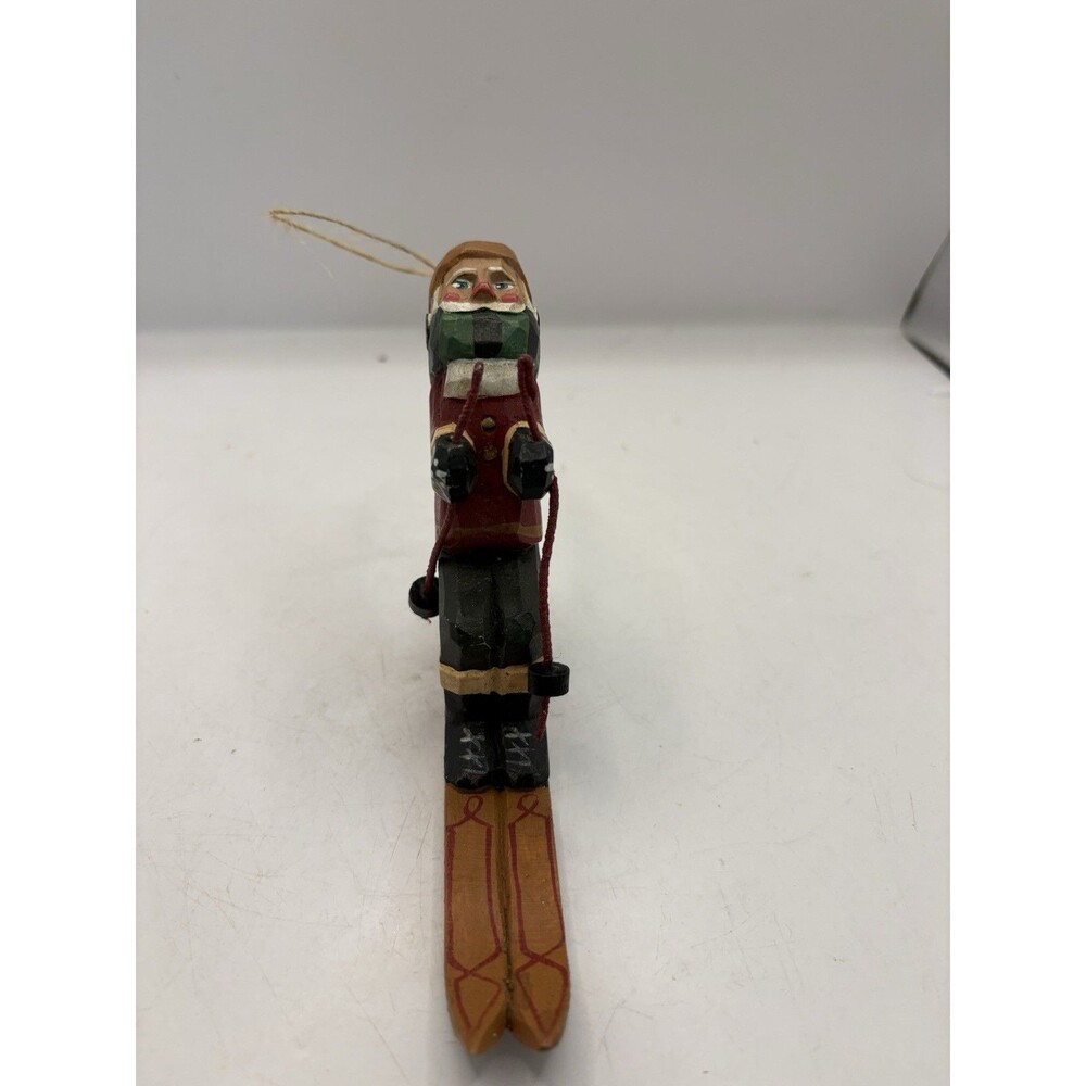 Vtg Randy Tate Carved Wood Folk Art Santa On Skis Christmas Ornament 4” x 5.25”